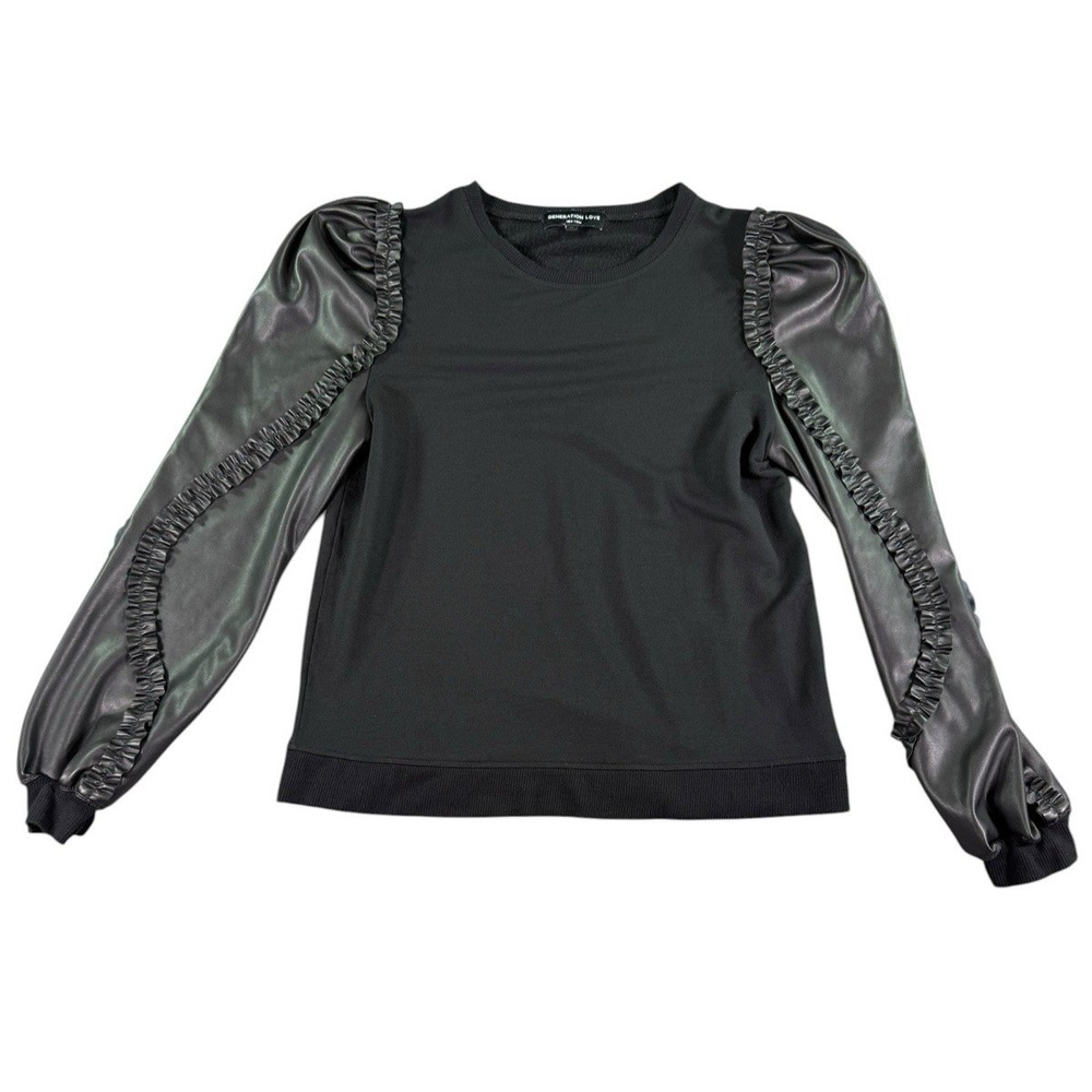 Generation Love Size XS Black Georgia Sweatshirt Faux Leather Ruffle Sleeves